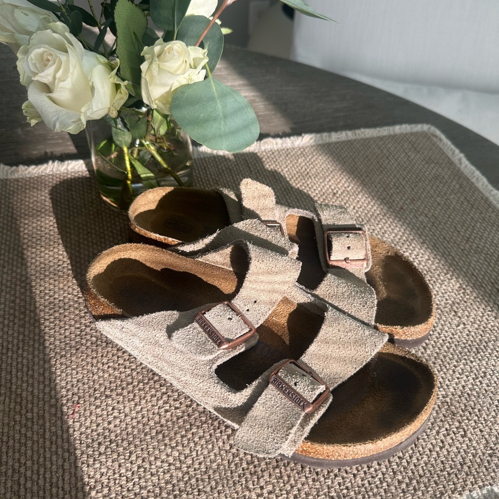 Birkenstock Taupe Suede Sandals with Rose Gold Buckles
